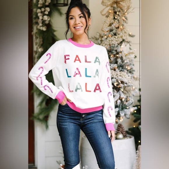 WHY DRESS Fa La La La Candy Cane Sequin Christmas Holiday Sweater White & Pink - Picture 4 of 11